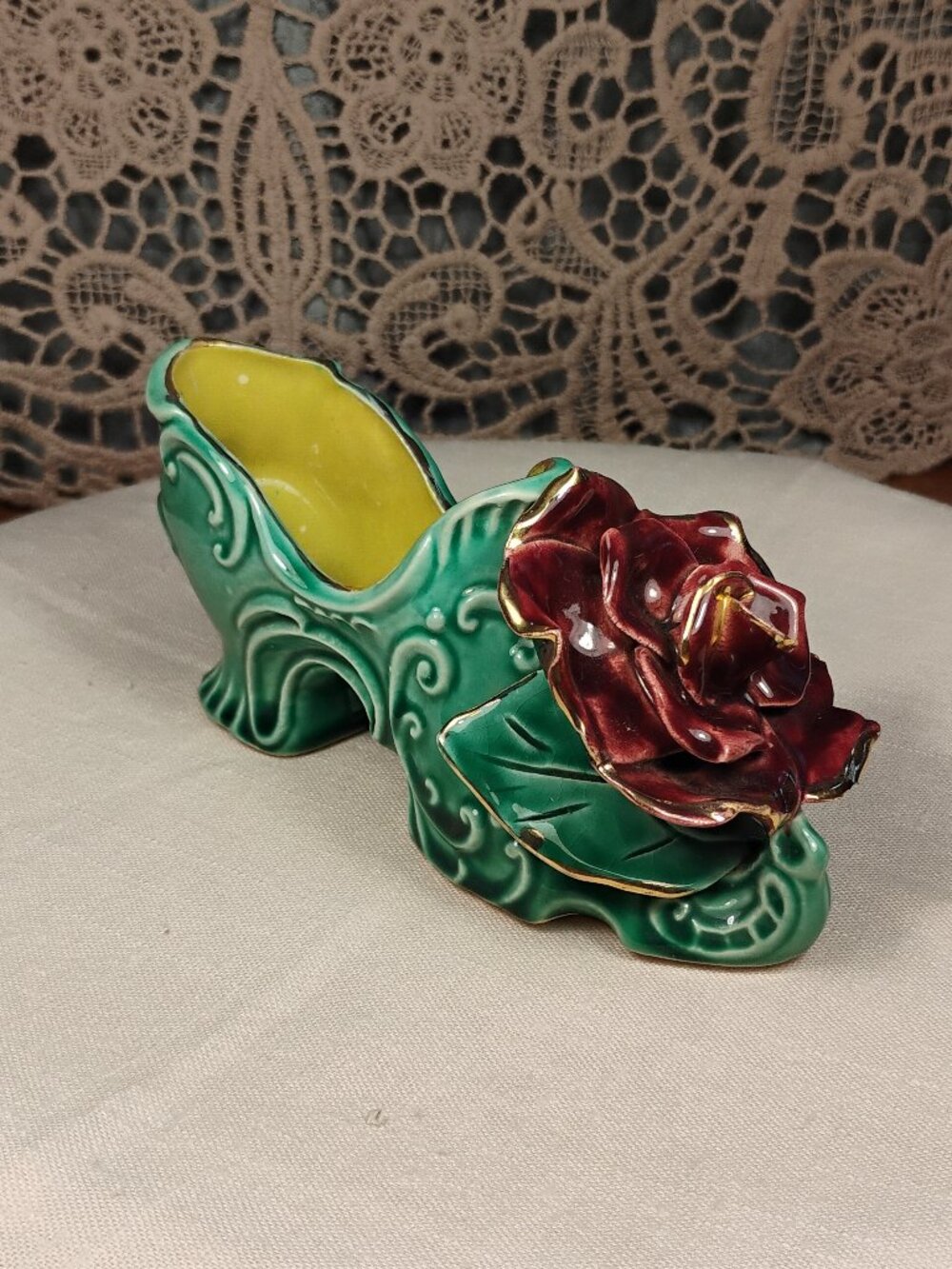 Vintage Shoe Slipper Victorian Green with Gold Accents on the Shoe and Rose!